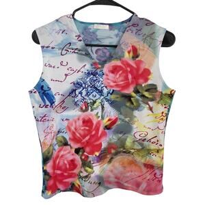 Y2K Womens Tank Top L Floral Graphic Mesh Style Fairycore 90s 2000s Cyber Print
